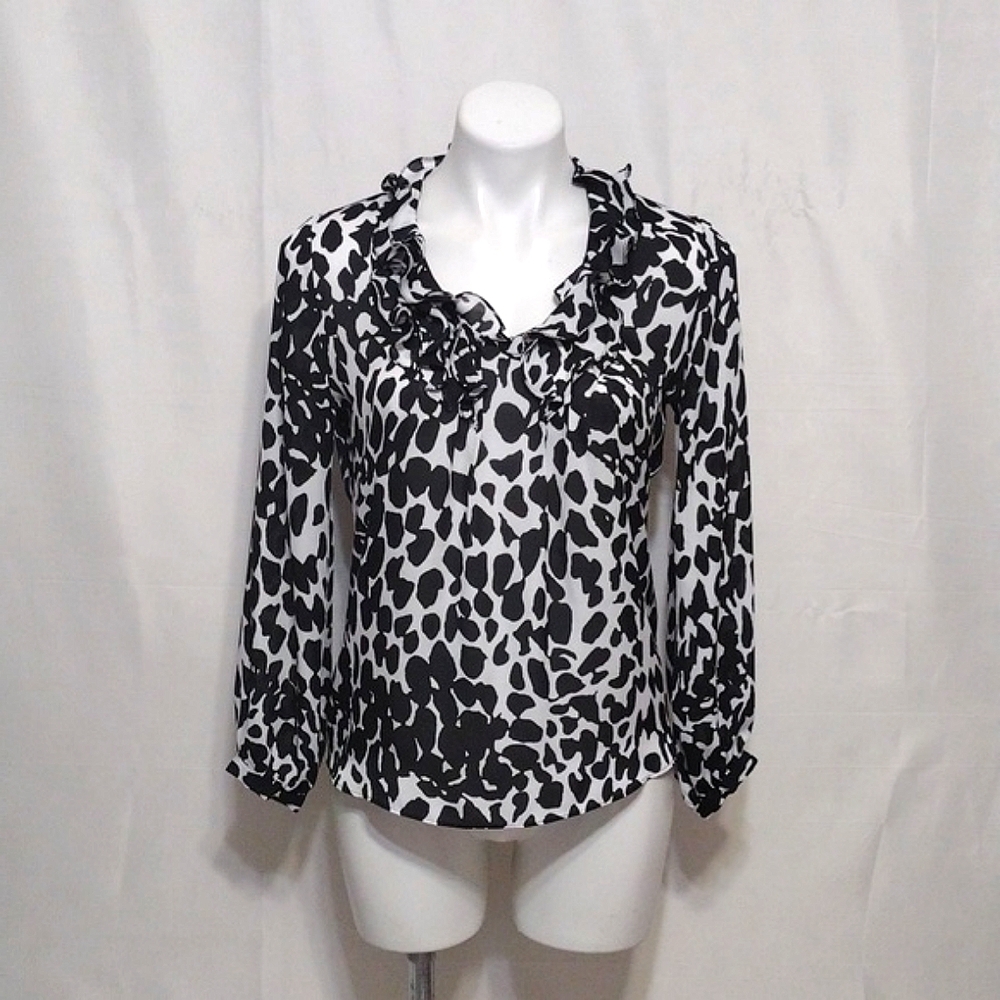 Belissimo Black White Animal Print Ruffled Collar Blouse Long Sleeve Top S Chic